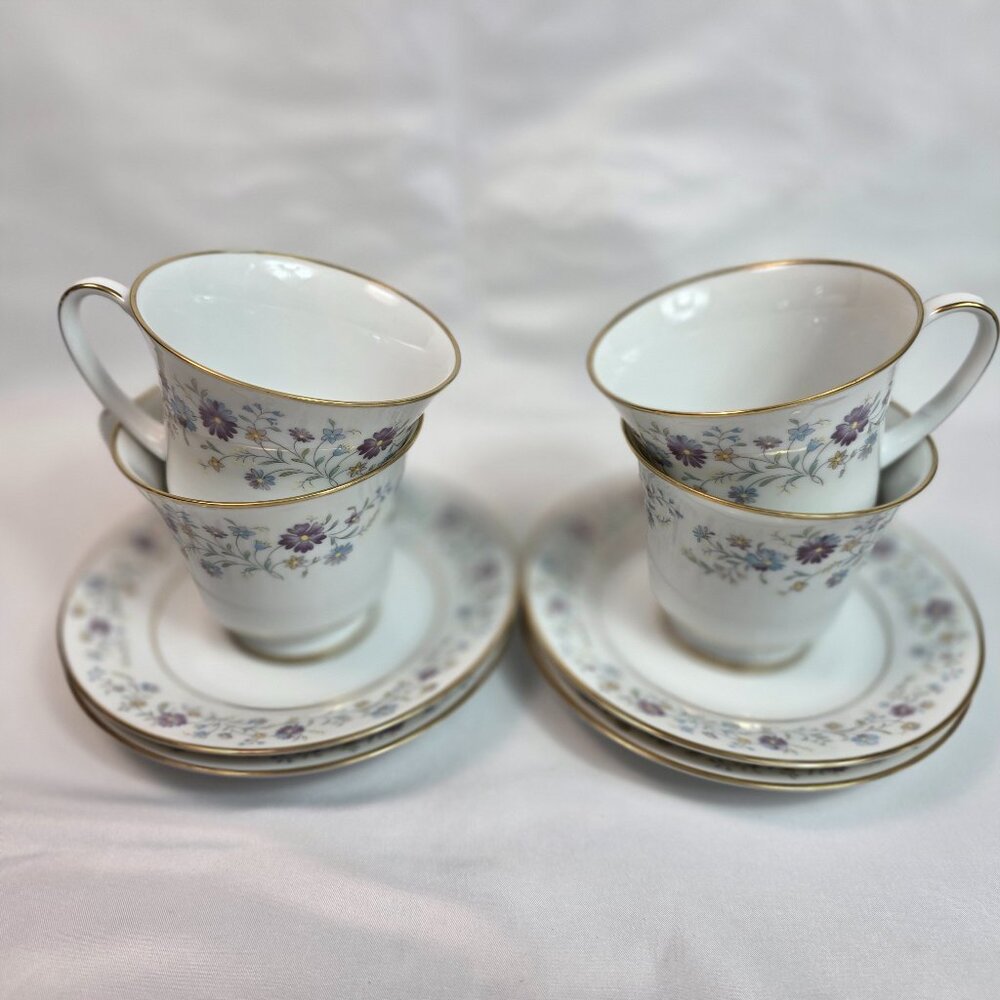 FOUR Noritake Longwood #2485 Cup & Saucer Sets Purple, Blue & Yellow Flowers